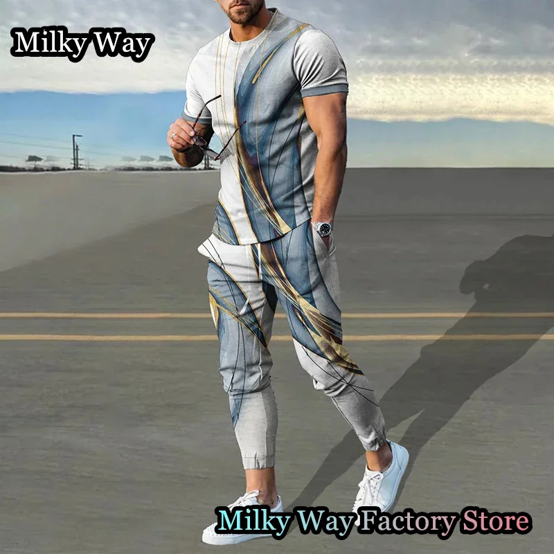 Summer Men Colorful Tracksuit 2 Pieces Color Block T-Shirt Trousers Set Casual Jogging Suit Fashion Outfit Male Streetwear