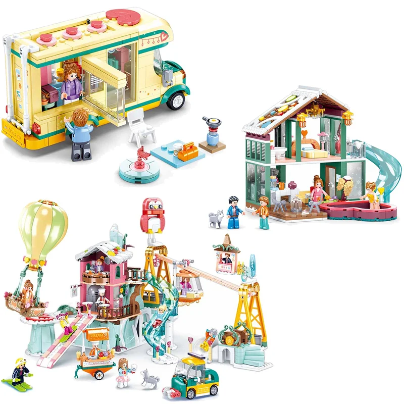 

Sluban Building Block Touring Ski Facility Spa Holiday Home Car Model Bricks Children Slide Game Toy Gift Girl's Dream