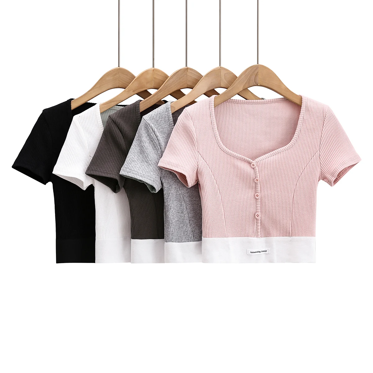 

Женская Винтажная футболка с коротким рукавом, белый укороченный топ составного кроя с квадратным вырезом и розовыми пуговицами, лето 2023