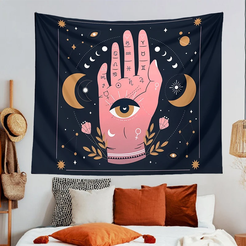 

Tarot Moon Phase Tapestry Wall Hanging Psychedelic Aesthetic Magic Hand Tapestries poster background Throw Cover Wall Decor