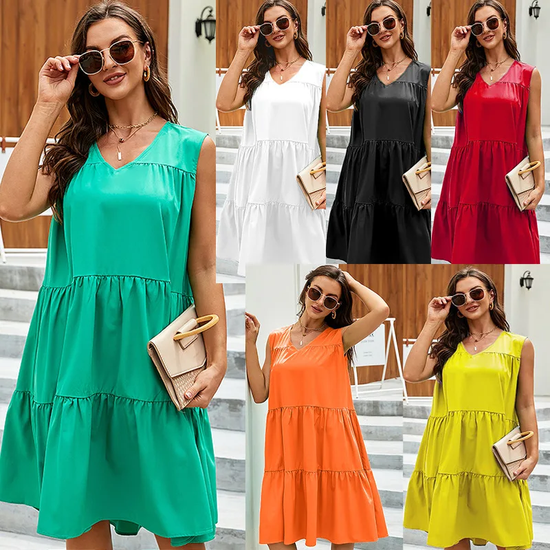 

2023 Summer Casual Women's Beach Dress Bohemia Fashion V Neck Sleeveless Solid Loose Patchwork Ladies Knee-high Holidays Dresses