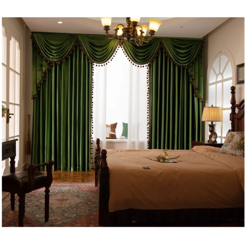 

Retro High-end American Curtains for Living Room Luxury Green Glossy Cortina Blackout Curtains Velvet Valance Tulles Home Custom