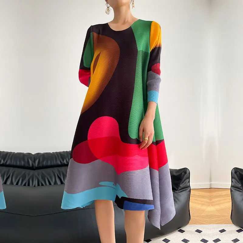 

VANOVICH Pleated Printed Dress Spring 2023 New Loose Fashion Temperament Oversized O-neck Color Matching A-line Mid-length Dress