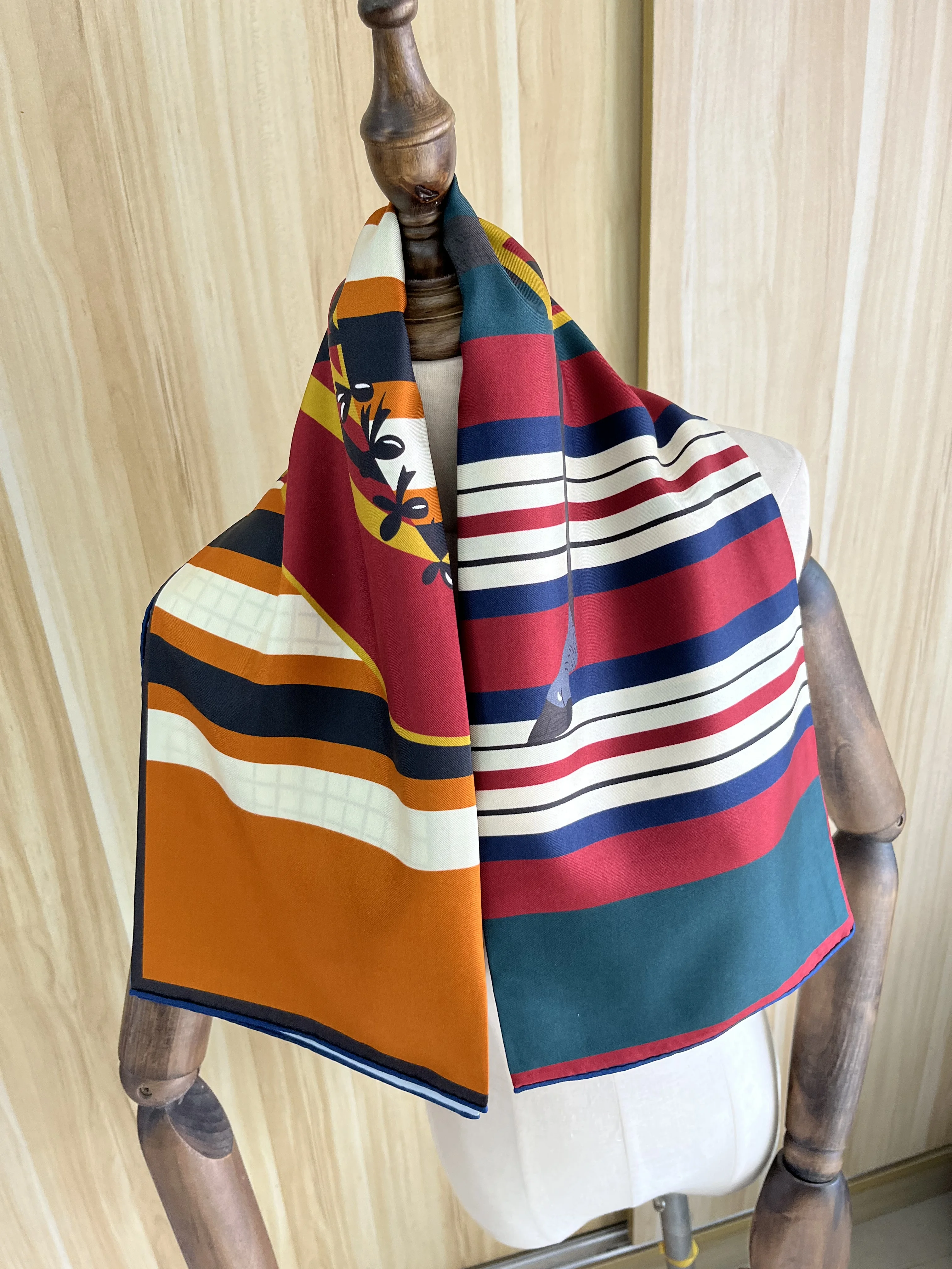 

2022 new arrival spring classic orange horse 100% pure silk scarf twill hand made roll 90*90 cm shawl wrap for women lady gift