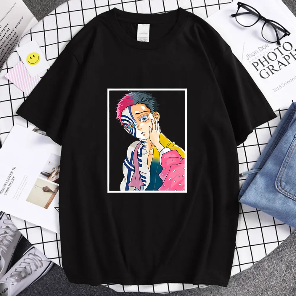 

Футболка мужская с коротким рукавом, Модная тонкая Свободная Повседневная рубашка с простым принтом аниме «рассекающий демонов», Kimetsu No Yaiba ...