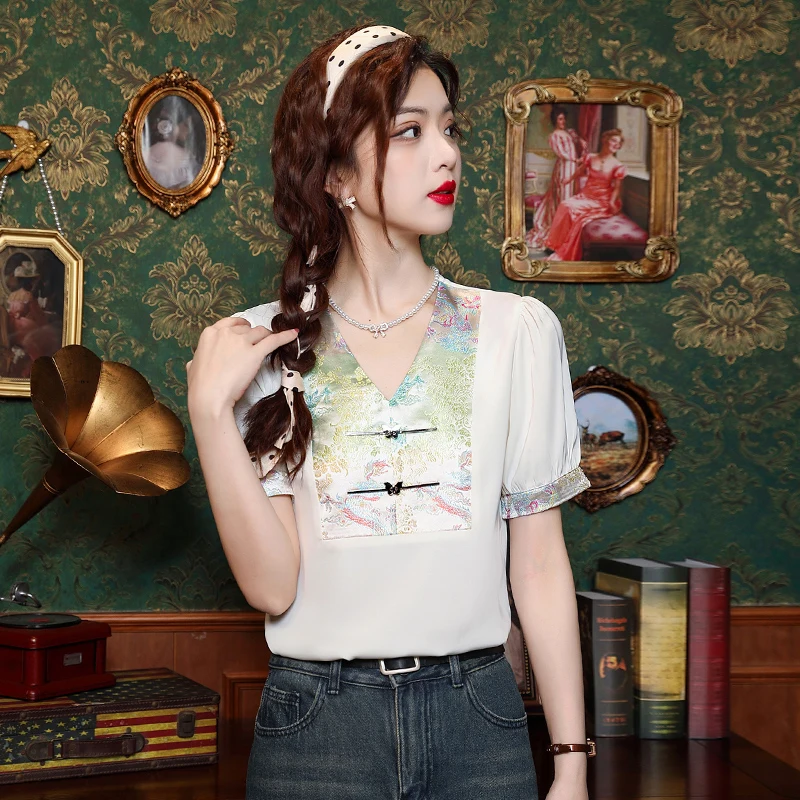 Женская шифоновая блузка с коротким рукавом V-образным вырезом и вышивкой