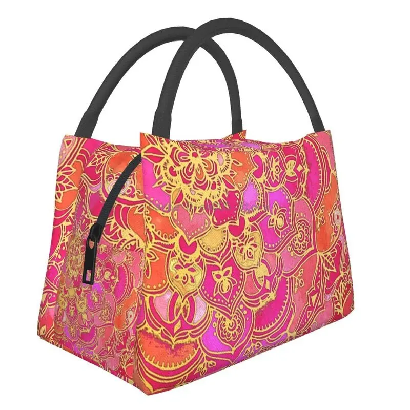 

Ярко-розовые и золотые Изолированные сумки для обедов в стиле барокко с цветочным узором для женщин, портативный холодильник, термопищевой Ланч-бокс, больничный офис