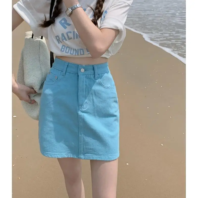 

Женская джинсовая юбка с завышенной талией STSVZORR, разноцветная облегающая трапециевидная короткая юбка в Корейском стиле ретро на лето