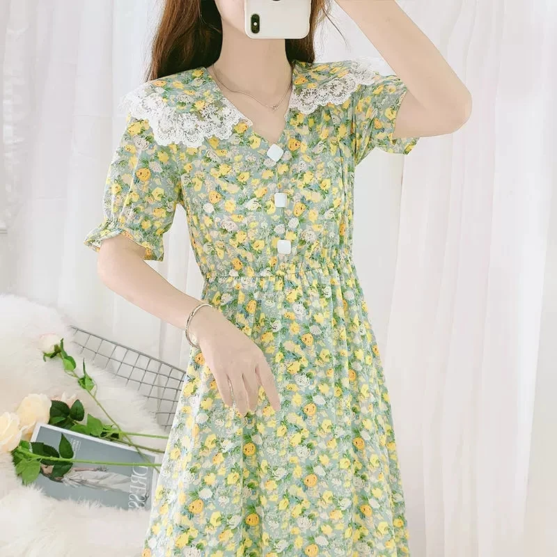 

2023 Summer Doll V-neck Chiffon Dress Women Clothing Elegant Sweet Short Sleeve Floral Dress Girls Summer Dresses Vestidos AC133