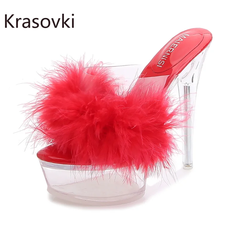 

Krasovki 14cm Plastic Hairy Sandals Glass Transparent Shoes Summer Women Roman Fashion Sexy Gothic Gladiator Slippers Big Size