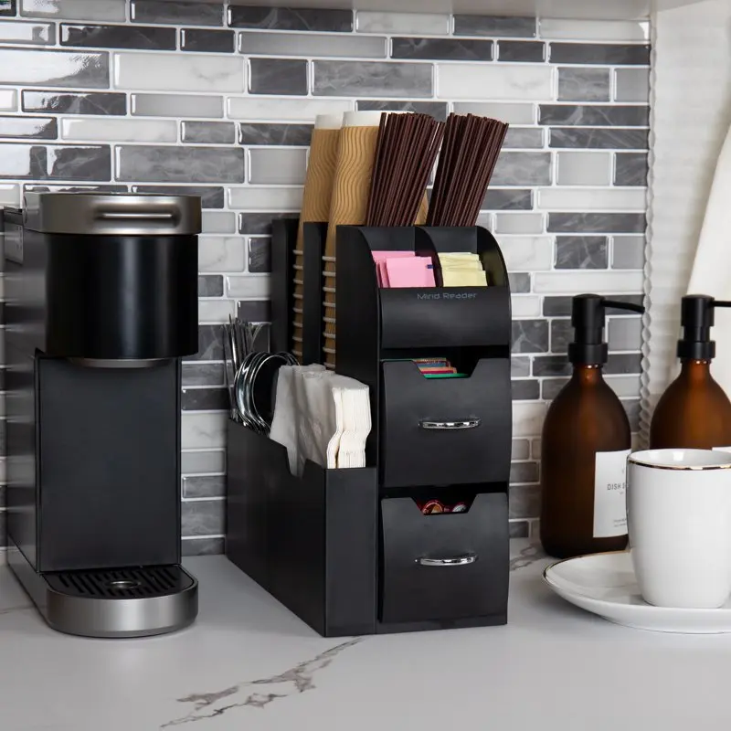 

Set of 2 Black, Collection 11 Compartment Coffee Cup and Condiment Dispenser with 2 Drawers, Stylish and Practical.