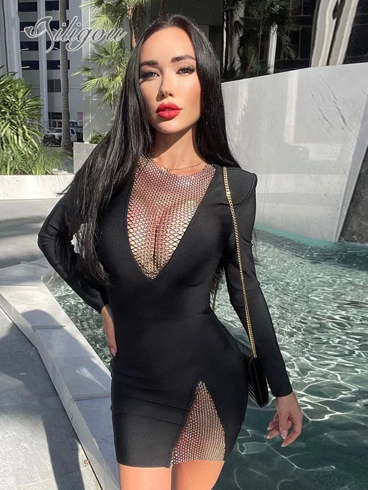 

Design Long Sleeve Celebrity Club Bandage Black Sexy Mini Dress Ailigou 2022 New Ladies Dress Sparkling Crystal Cutout Fishnet