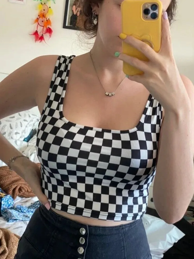 Кроп-топ в клетку с шахматным узором Y2K женская уличная одежда летняя Облегающая