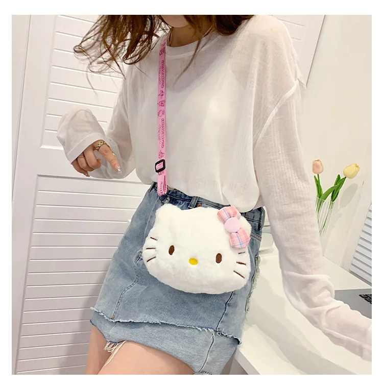 

Kawaii Sanrio, плюшевая наплечная сумка Hello Kitty, милая плюшевая сумка для девушек-Кроссбоди, сумка на плечо с жемчугом, женская одежда для совместно...
