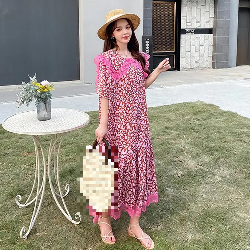 

2022 Summer New Simple Red Doll Collar Cute Western Floral Dress Korean Casual Loose Thin Women T-shirt Dress Tide Free Shipping