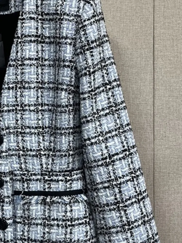 

Lady Long Sleeve V-Neck Coat with Pocket or A-Line Skirt Single Breasted Suit New Women Tweed Plaid Set 2023 Spring Summer