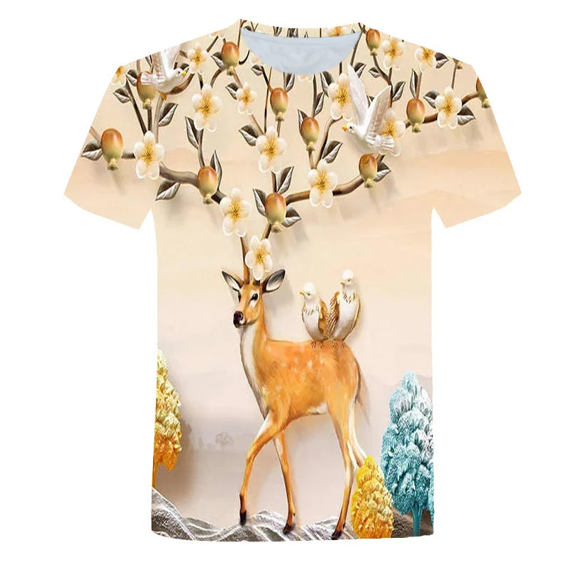 

Мужские футболки с 3d-рисунком оленя, Летняя Повседневная Удобная футболка с круглым вырезом и коротким рукавом, детские топы, Женская одежда оверсайз