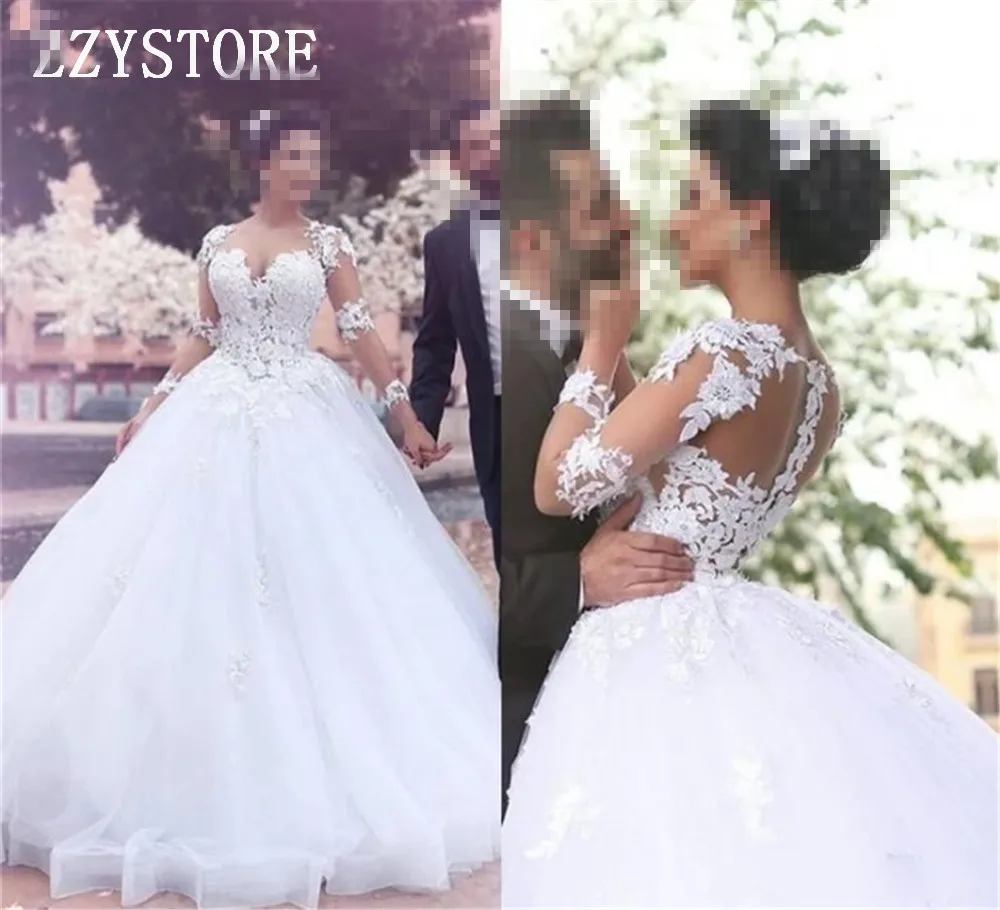 

Long Sleeves wedding dress Illusion Court Train Organza And Tulle scoop plus size wedding gown
