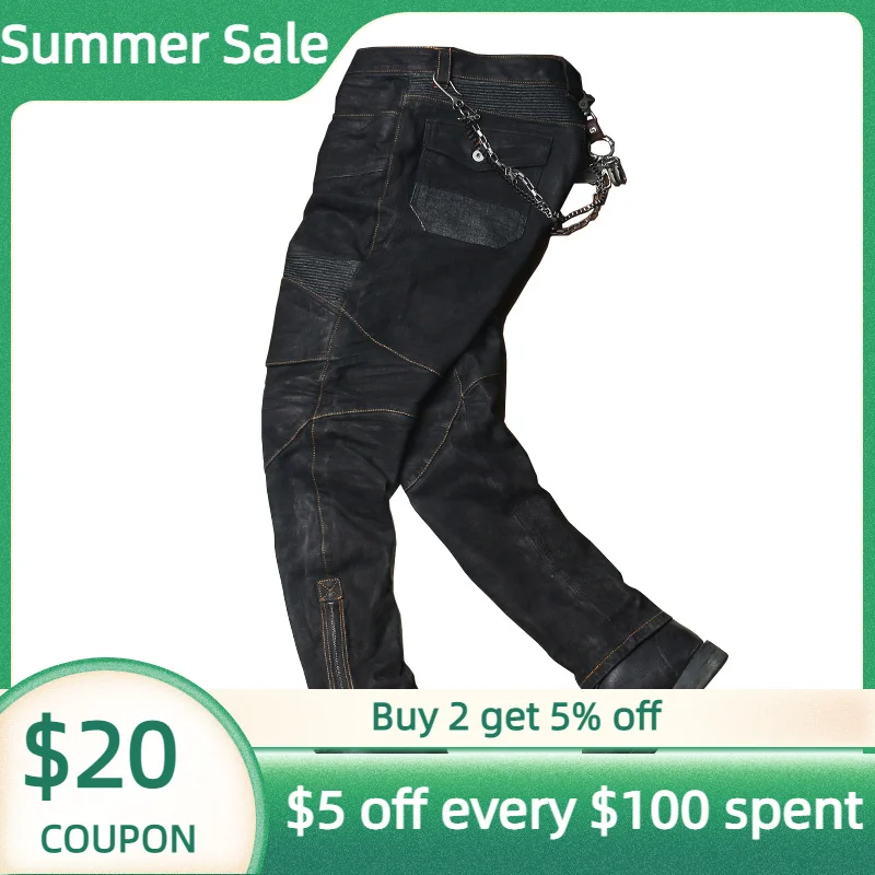 Мужские кожаные брюки черные из натуральной овечьей шкуры мотоциклетные