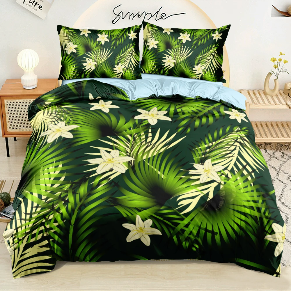 

3D Green Tropical Leaves with Lily Linens Bed 2 Bedrooms Blue Comforter Bedding Sets Twin King Queen Size 200x200cm Duvet Covers