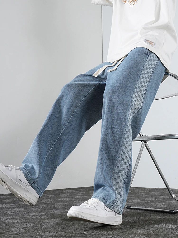 2023 New Men's Casual Jeans Spring Fashion Casual Cotton Denim Slim Fit Pants Male Checkered Patchwork Stretch Skinny Trousers