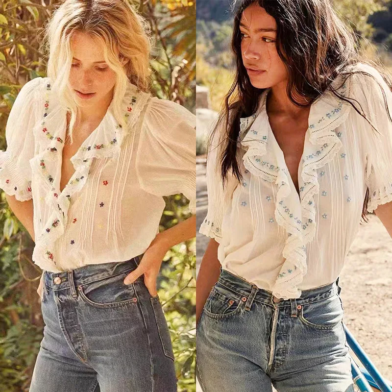 

Women's Floral Embroidery White Blouse Ruffles Lace Trim All-match Puff Sleeve Female V-neck Tops 2023 Summer
