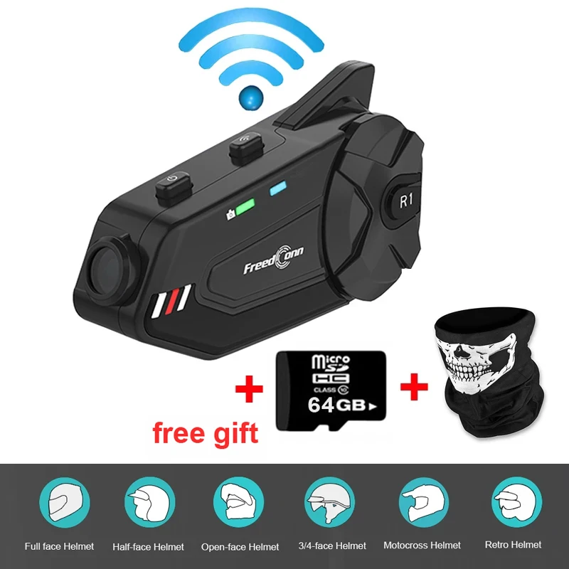 

R1 Plus Wifi регистратор мотоцикла DVR Bluetooth-Совместимость 5,0 группа разговора 6 всадников Интерком 1080P видео Шлем Переговорная гарнитура
