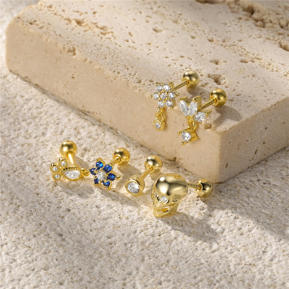 

925 Sterling Silver Stud Earring Luxury Arrow Skull Dagger Wings Piercing Pendientes Helix Earrings For Women Ear Bone Buckle