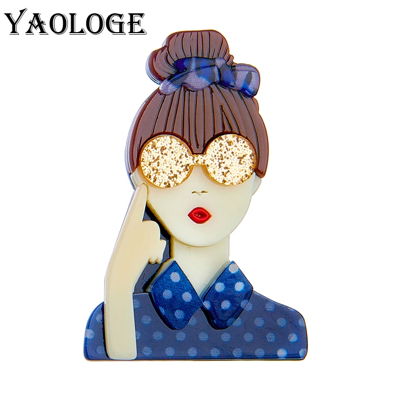 YAOLOGE Trendy Wearing Glasses Bow Girls Acrylic Brooches For Women Cartoon Lovely Figure Badge Lapel Pins on Bags Clothes