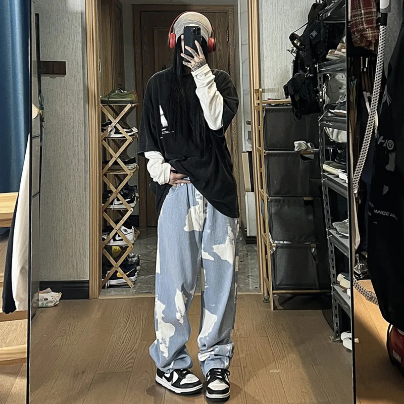 Blue Black Tie Dyed Jeans Men Fashion Oversized Retro Printed Jeans Mens Streetwear Hip-hop Loose Straight Denim Trousers Men