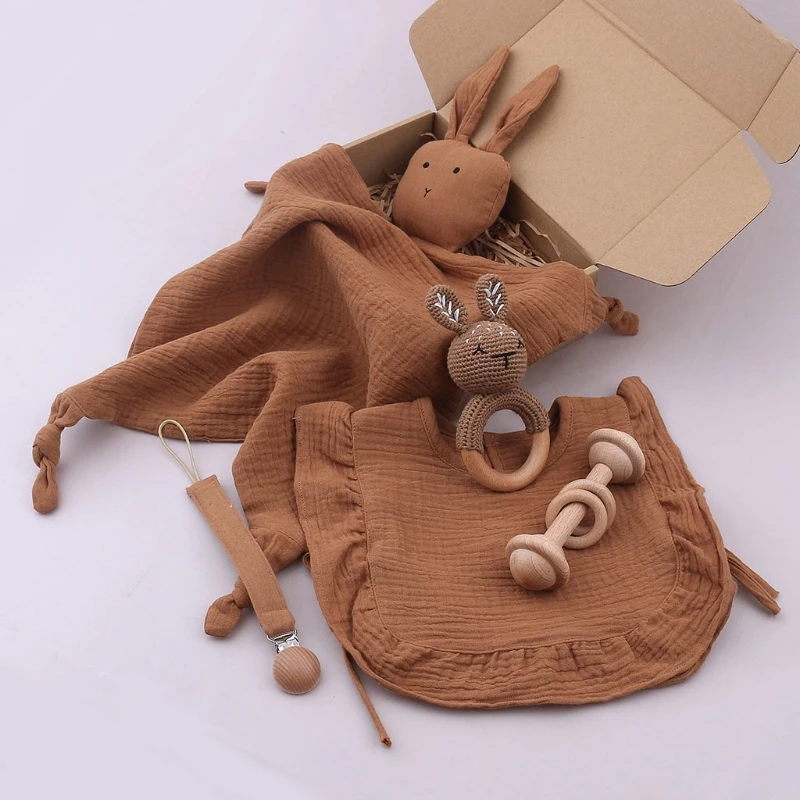 

5 Pcs Infants Feeding Bib Wooden Crochet Rattle Teether Appease Towel Pacifier Chain Clip Baby Set