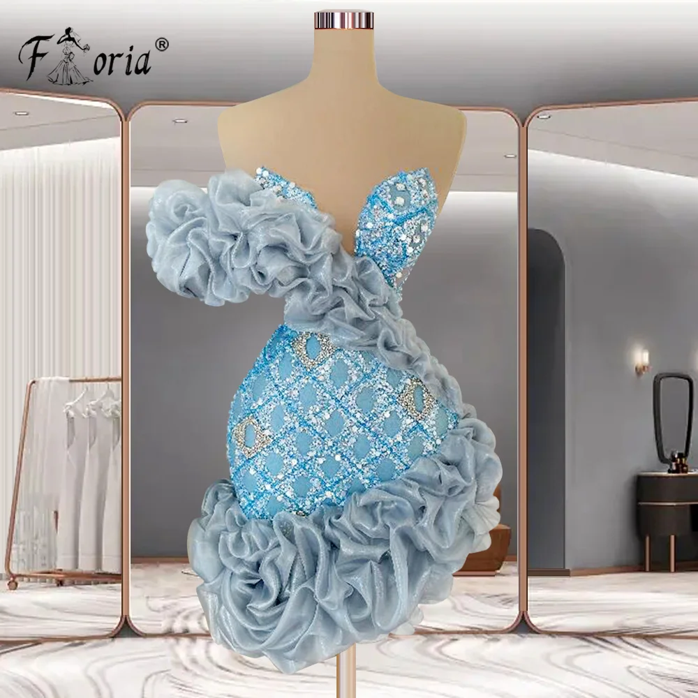 

Luxury Arabic Ruffles Blue Short Cocktail Party Gowns Sequins Plaids Backless Mini Prom Dresses sukienki koktajlowe Custom Made
