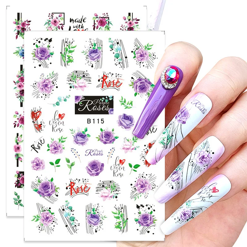 

Nail Sticker 3d Adhesive Stickers Flowers Rose Love English Letters Japanese Purple Nail Decal Sticker For Nail Simple Fashion