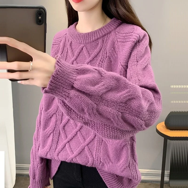 

Винтажный фиолетовый вязаный пуловер с круглым вырезом, свитер, осенне-зимние женские топы, повседневная женская короткая трикотажная одеж...