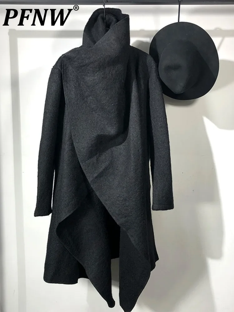 

PFNW Punk Darkwear Style Wool Cloth Coat Men's Black Turtleneck Slanted Placket Asymmetrical Overcoat Male Autumn Trend 12A1591