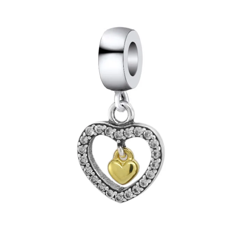 

Top Quality Heart With Gold Heart Beads With Crystal Pendant Charms fit Women Bracelets & Bangles 925 Sterling Silver Jewelry