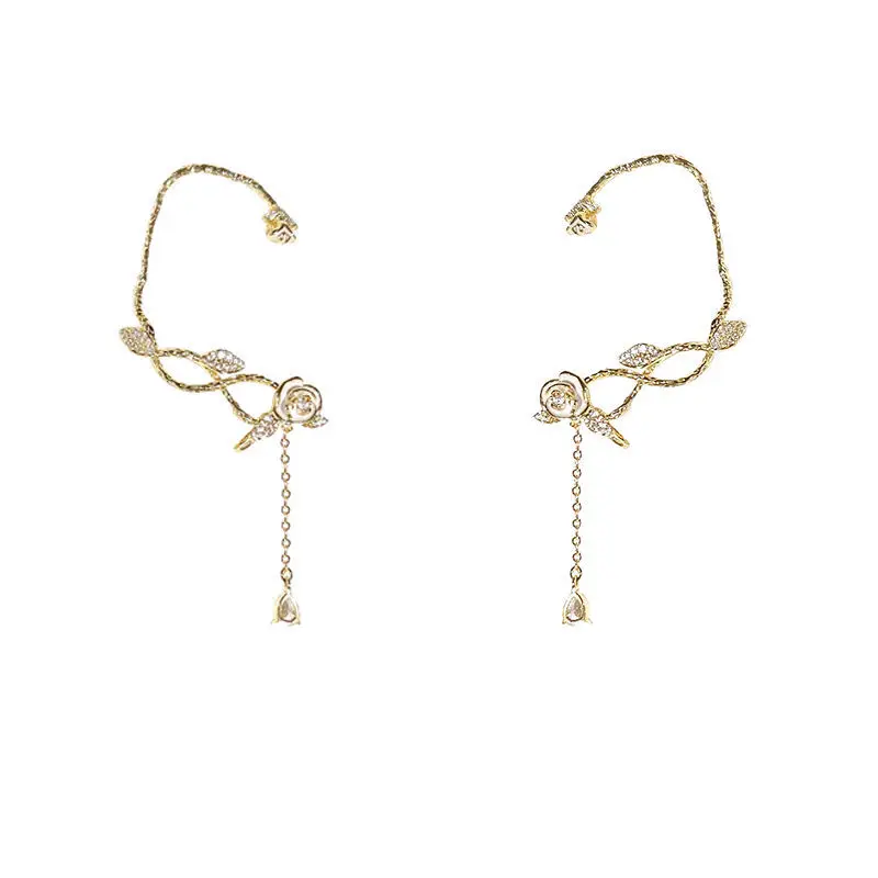 

Rose Tassels Ear Clip Without Pierced Earrings Cute Flowers Exquisite Rhinestone No Piercing Long Earring Ear Cuff Women Jewelry