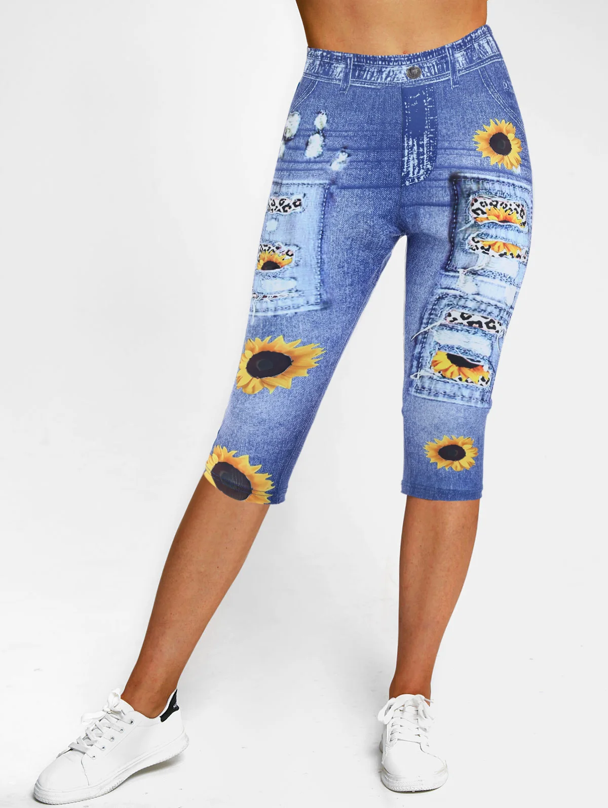 

Sunflower Ripped Denim 3D Print Cropped Jeggings Women Summer Capri Casual High Waist