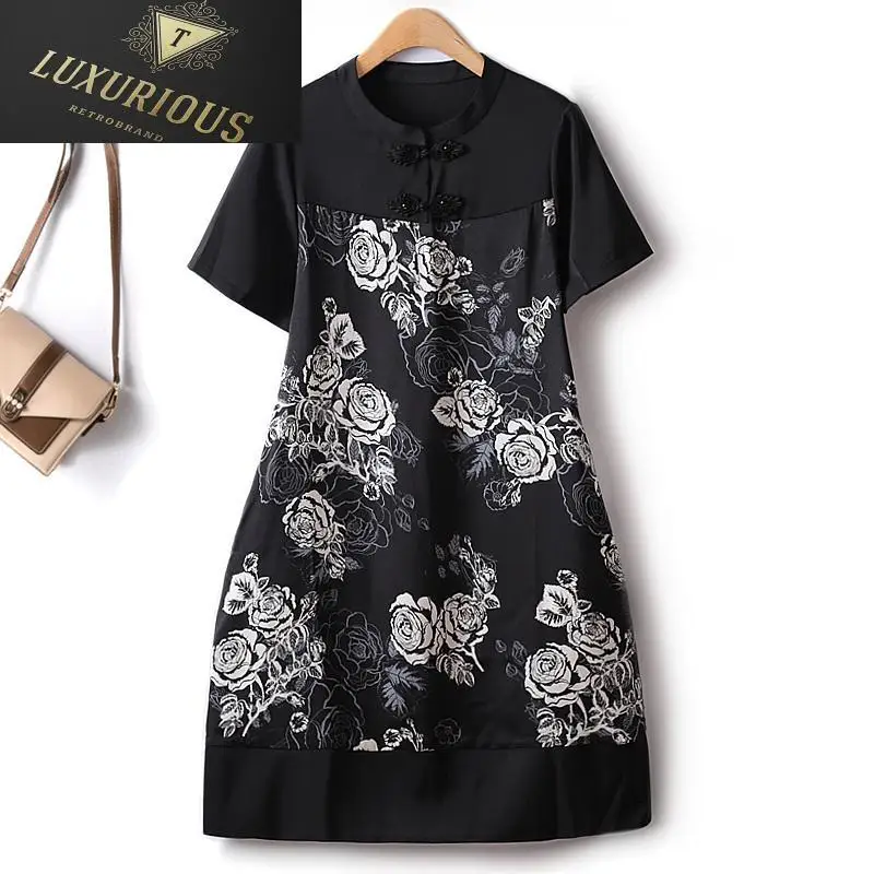 

2023 Summer Formal Dresses New Chinese Style Fashion Printed Retro Chiffon Buckle Short Sleeve Slim Elegant Casual Black Dress