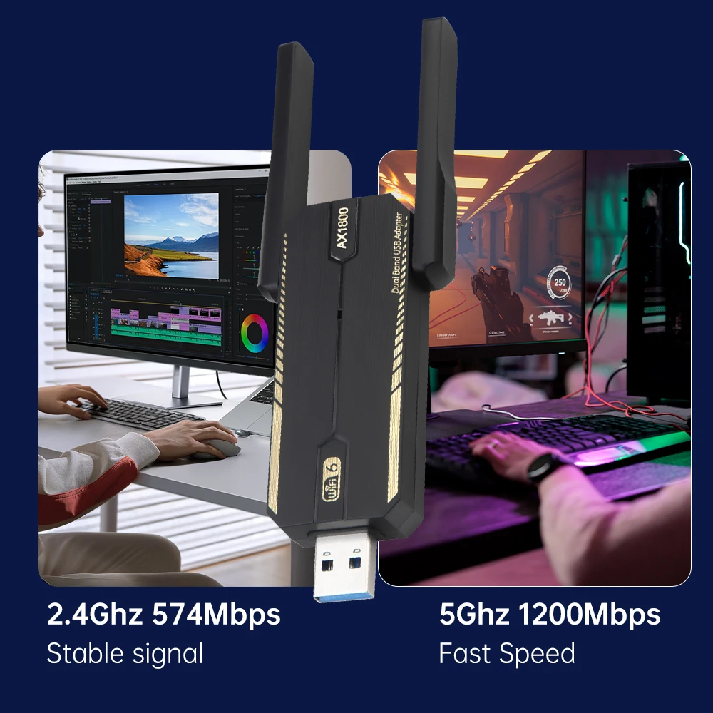 Фото KEBIDUMEI Wi-Fi 6 USB-адаптер AX1800, сетевая карта-донгл 2.4G/5ГГц 802.11AX, антенна для приема сигнала, приемник AX300 AX1800 №2