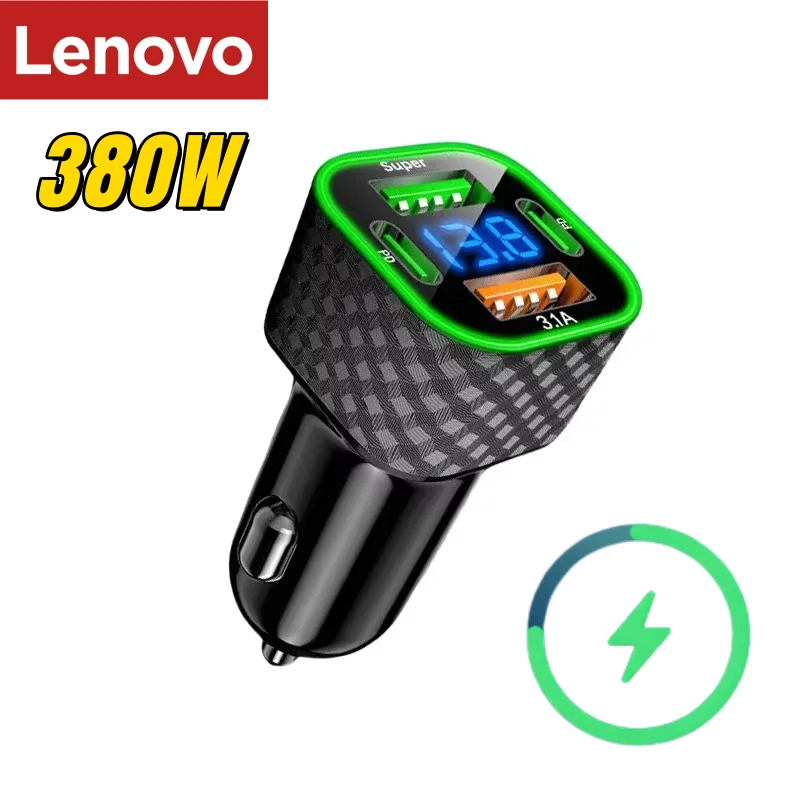 

Автомобильное зарядное устройство Lenovo SUPER FAST 380W 4-в-1 с USB-адаптером для прикуривателя и QC3.0, универсальное для всех автомобилей, грузовиков и внедорожников