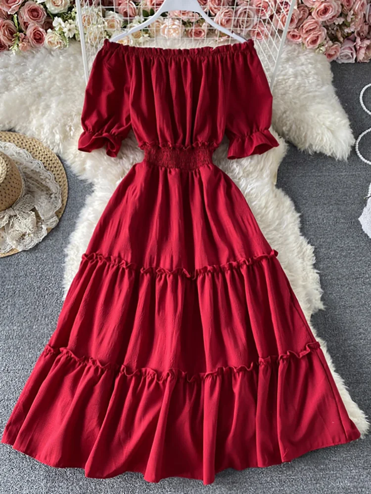 

Женское винтажное платье с открытыми плечами, коротким рукавом и оборками