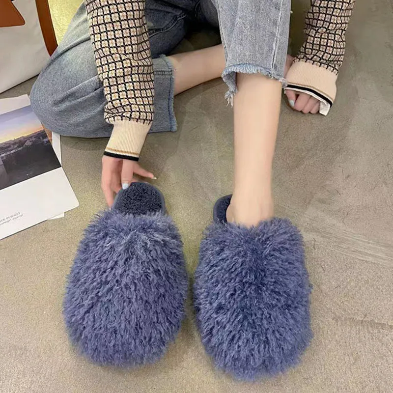 

Winter Home Cotton Shoes Furry Slides Indoor Plush Warm Outer Wear Ladies Baotou Slippers Non-slip Fleece Zapatos Mujer 2022