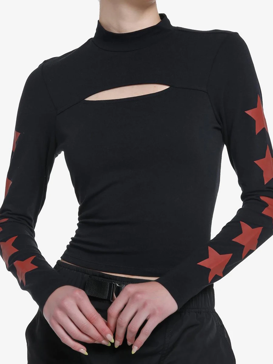 

Women's Slim Gothic Tops Star Print Cutout Front Long Sleeve High-Neck Grunge Shirts for Summer Spring