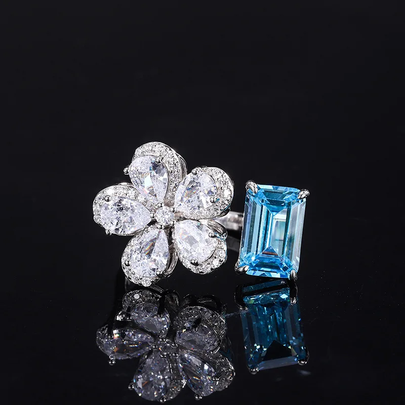 

New fashion trend S925 silver inlaid 5A zircon ladies opening adjustable aquamarine flower ring