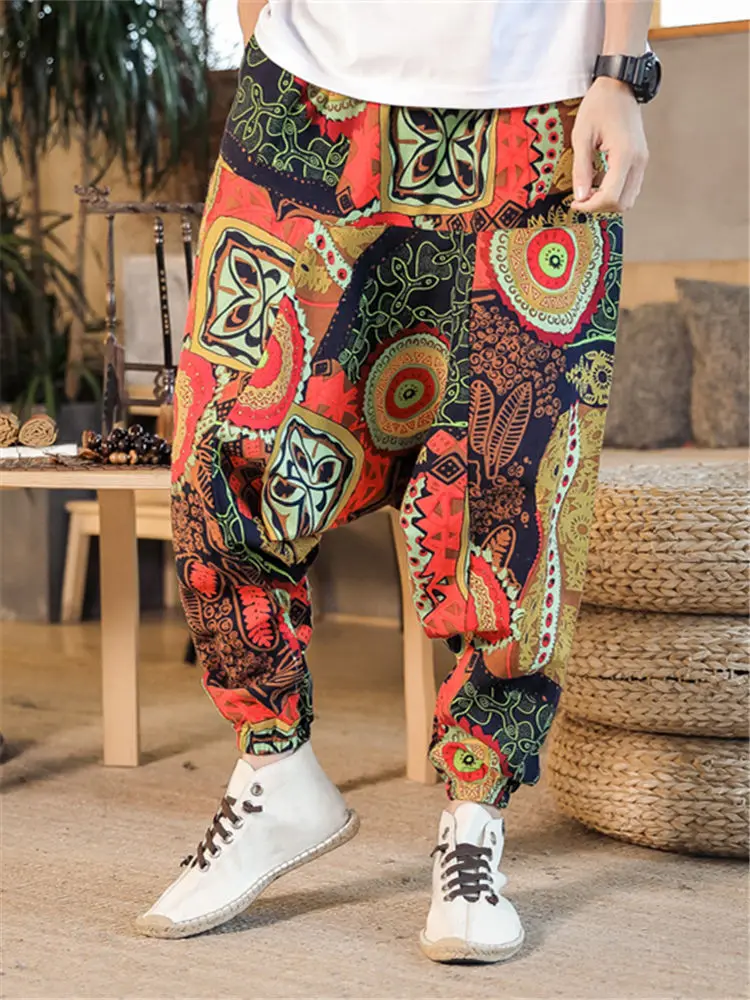 

Summer Sarouel Drop Crotch Harem Pants Plus Size 3XL Trousers Nepalese Ethnic Print Bloomers Multicolor Linen Yoga Wear
