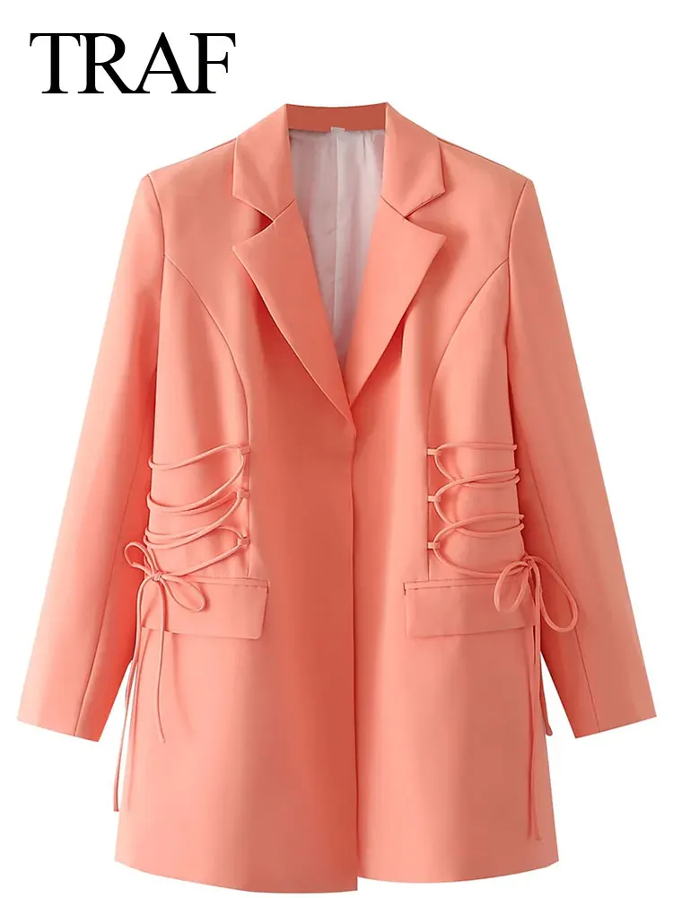 

TRAF 2022 Flesh Pink Lapel Long Sleeve Slim Fit Lady Suit Young Commuter Daily Drawstring Decorative Fashion Women's Suit