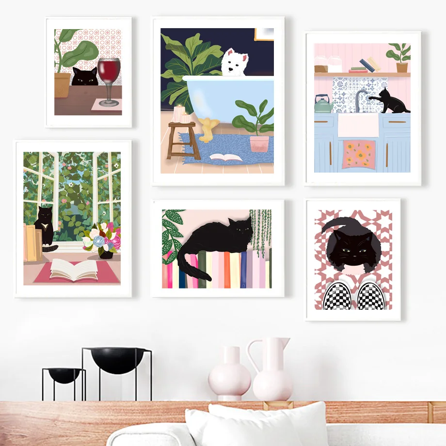 

Black Cat Westie Schnauzer Wine Plant Toilet Wall Art Canvas Painting Nordic Posters And Prints Wall Pictures Bathroom WC Decor