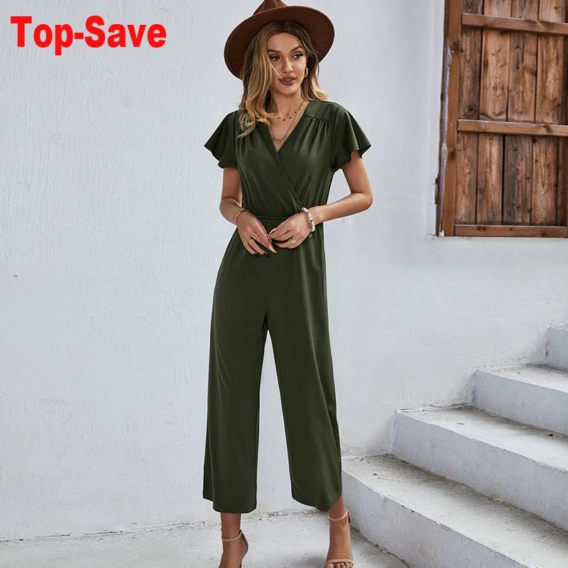 

Fashion V-Neck Elegant Casual Rompers Womens Jumpsuit 2022 Summer Temperament Clothing Short Sleeve Bodycon Overalls Wholesale