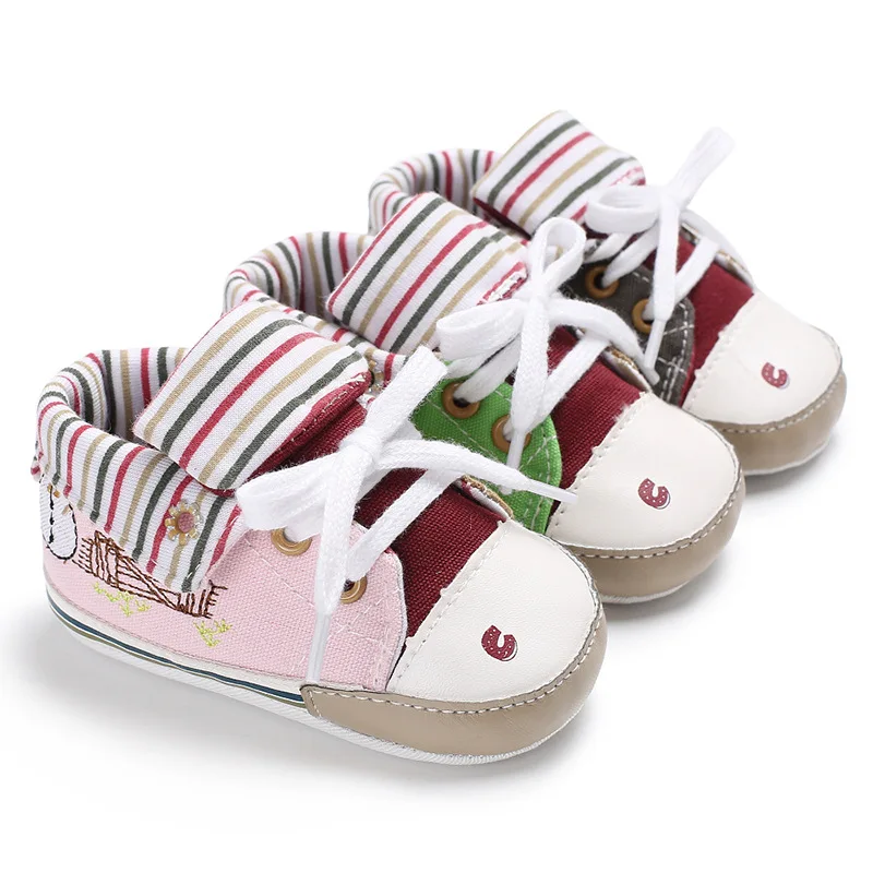 

Популярные туфли для новорожденных мальчиков и девочек, обувь для первых шагов, мягкая нескользящая подошва, красивая Повседневная парусиновая детская обувь, обувь для малышей